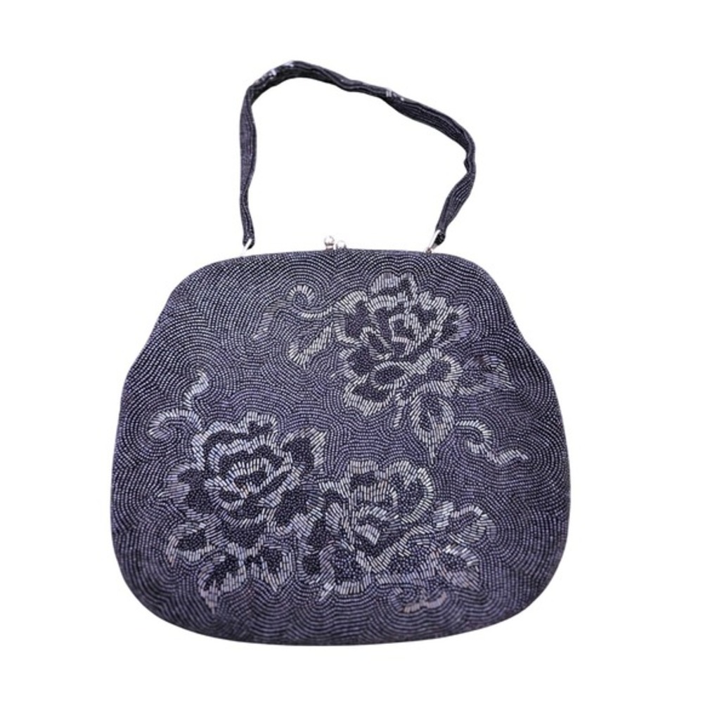 Vintage Black Beaded Floral Rose Evening Bag Kiss Lock Handbag Black Silver